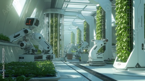 Futuristic Robotic Farm With AI-driven Machines Cultivating Vertical Plant Systems in an Automated Greenhouse