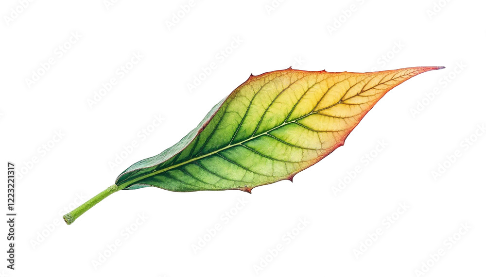 Obraz premium Single Detailed Leaf Image with Veins Green Yellow Red Tones on Black Background