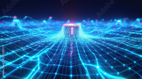 Glowing Data Network Node Illuminates Vast Virtual Landscape With Neon Blue Lines and Pulsating Lights