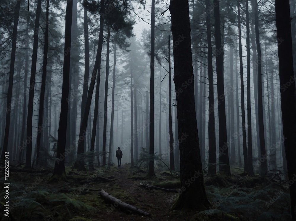 Obraz premium Misty Forest Road Journey with Solitary Figure in Eerie Atmosphere