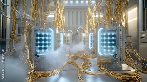 Realistic Quantum Computer Setup With Gold Wiring and Blue Light in Sterile Laboratory Environment