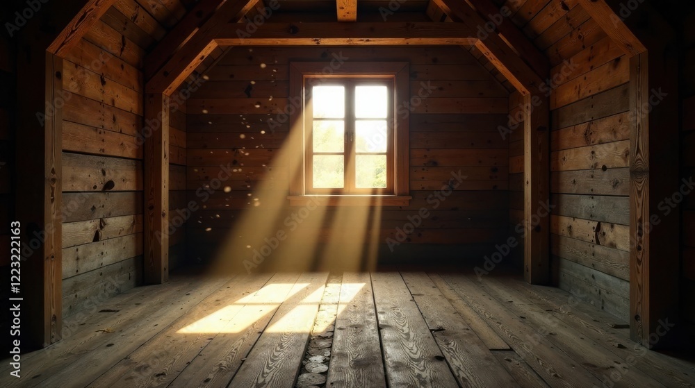 Sunbeams illuminate a rustic wooden attic room with a single window