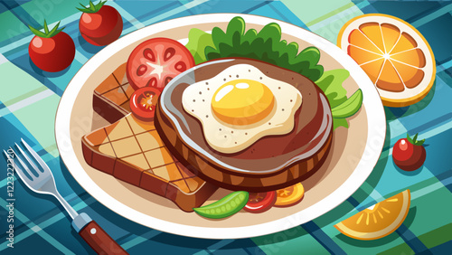Breakfast steak topped with parmesan and fried egg top down view