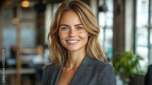 Professional woman smiling confidently in a modern office setting with colleagues in the background