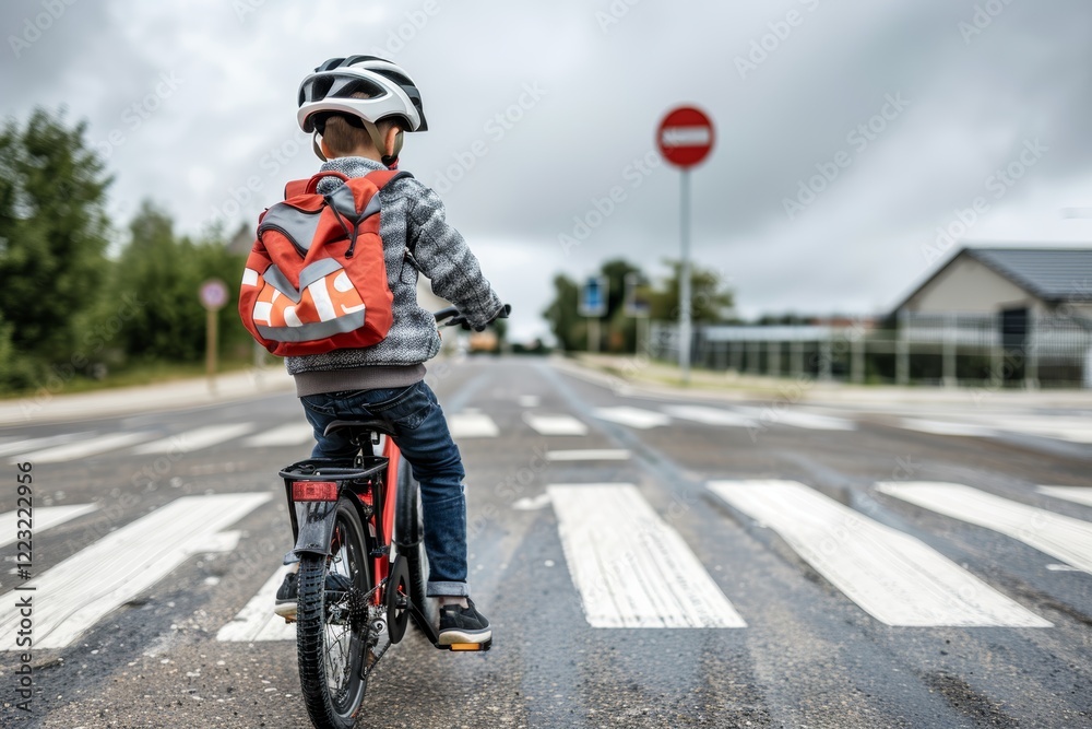 Obraz premium Young Boy in Helmet With Backpack Riding Bike, Stopping at Crosswalk on the Way to School
