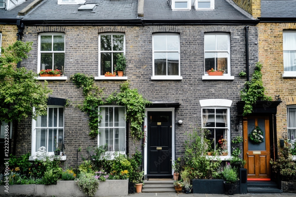 Obraz premium This delightful brick townhouse is beautifully accented with lush greenery and vibrant flowers, nestled in a peaceful neighborhood under the bright daylight