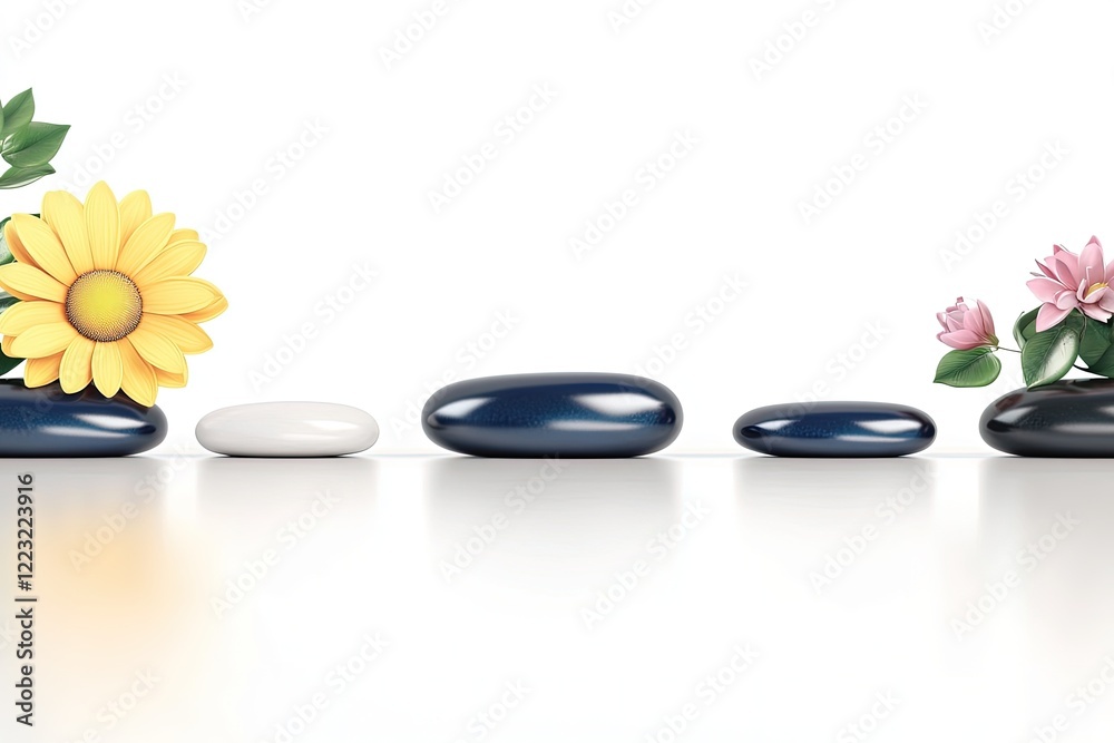 Obraz premium Arrangement of smooth stones and vibrant flowers creating a serene and balanced composition