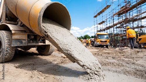 A construction site featuring a cement mixer pouring concrete, with scaffolding and workers in bright uniforms nearby under a clear blue sky.