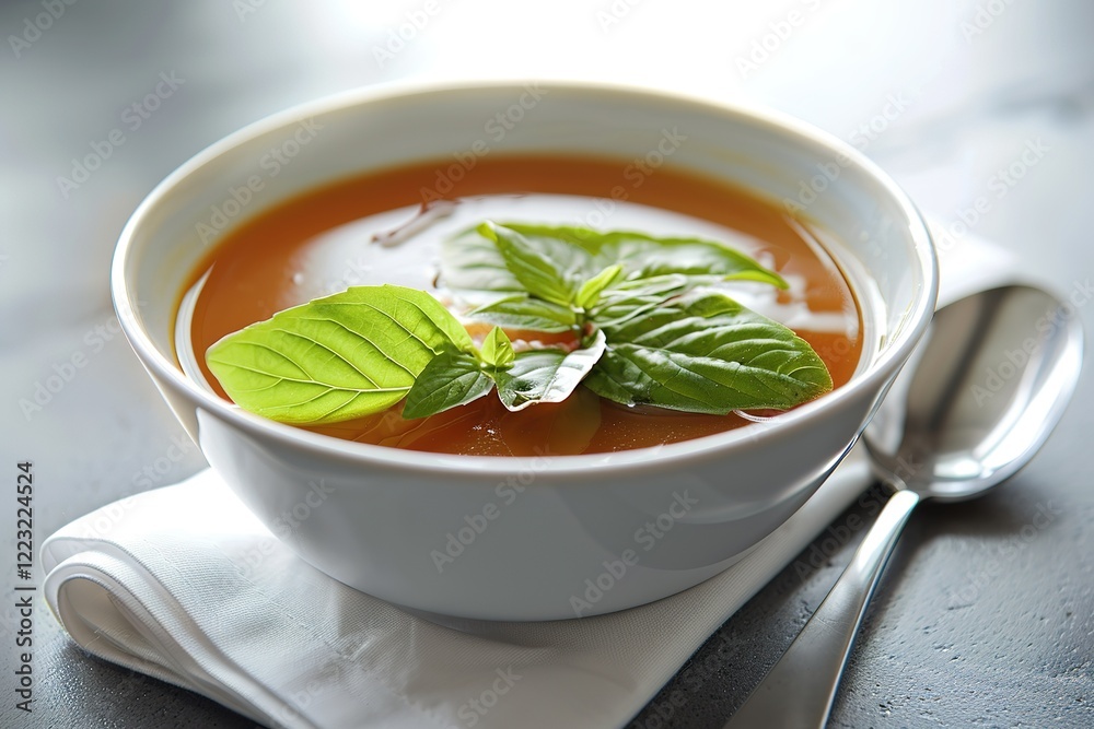 Tomato soup garnished with fresh basil Tomato soup garnished with fresh basil