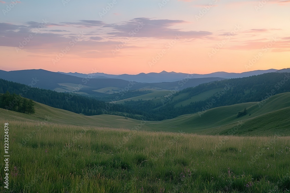 Sunset over rolling hills and valleys Sunset over rolling hills and valleys