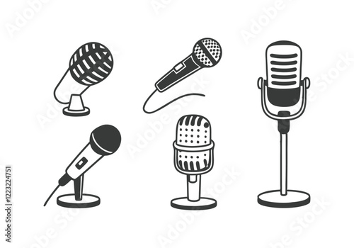 Microphone Icons Set - Audio and Recording Vector Illustrations