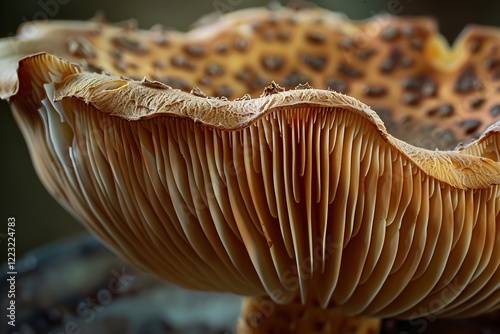 Macro photograph reveals intricate details of mushroom gills, showcasing their texture, color, and sporebearing surface. Brown tones dominate the image. photo