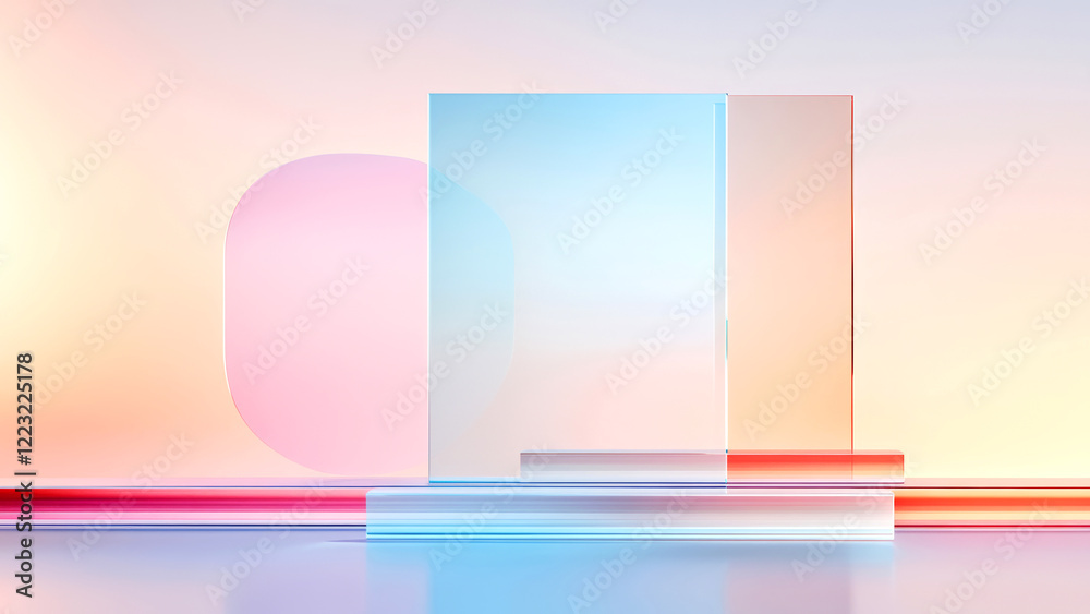 Fototapeta premium Minimal pastel colored abstract background with glass panels and cylinder podiums creating an empty showcase