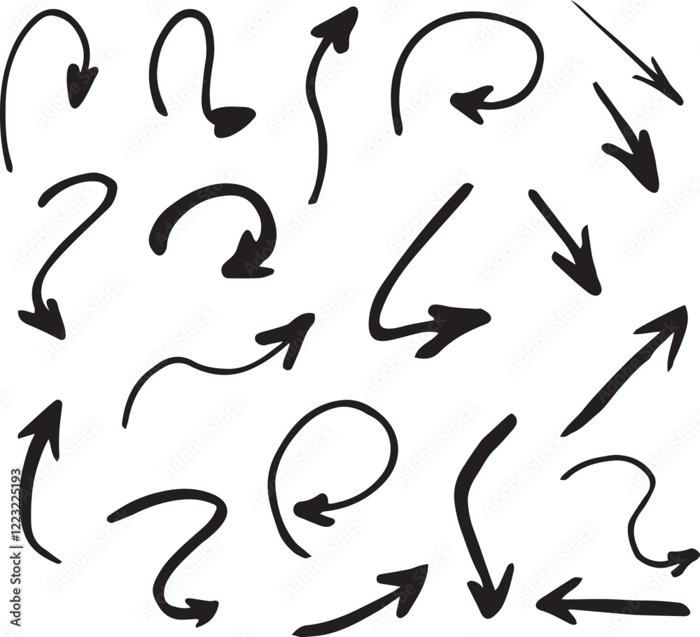 Abstract Hand-Drawn Black Arrows in Various Curved and Swirled Directions Abstract Hand-Drawn Black Arrows in Various Curved and Swirled Directions