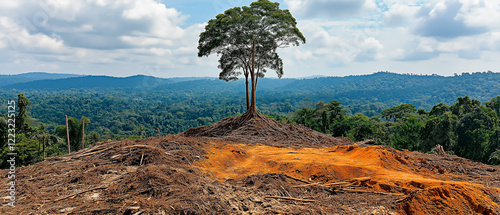 Panorama of a barren landscape with a single tree left standing amidst widespread deforestation and soil erosion. Concept of deforestation, habitat loss, and the consequences of unsustainable land use photo