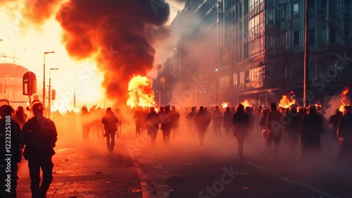 Intense Scene of Protesters Marching Through Smoke and Flames in an Urban Environment