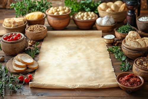 Hamantaschen, dried fruits, nuts surrounding blank parchment scroll during purim holiday festive preparations copy space photo