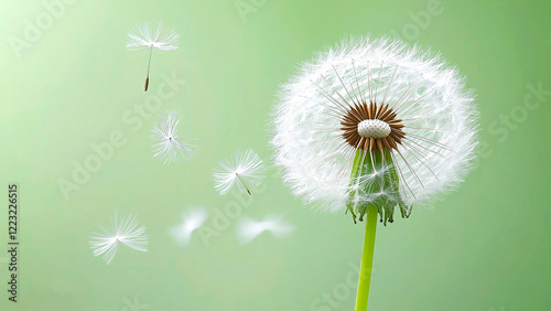 Dandelion seeds flying through air on green background