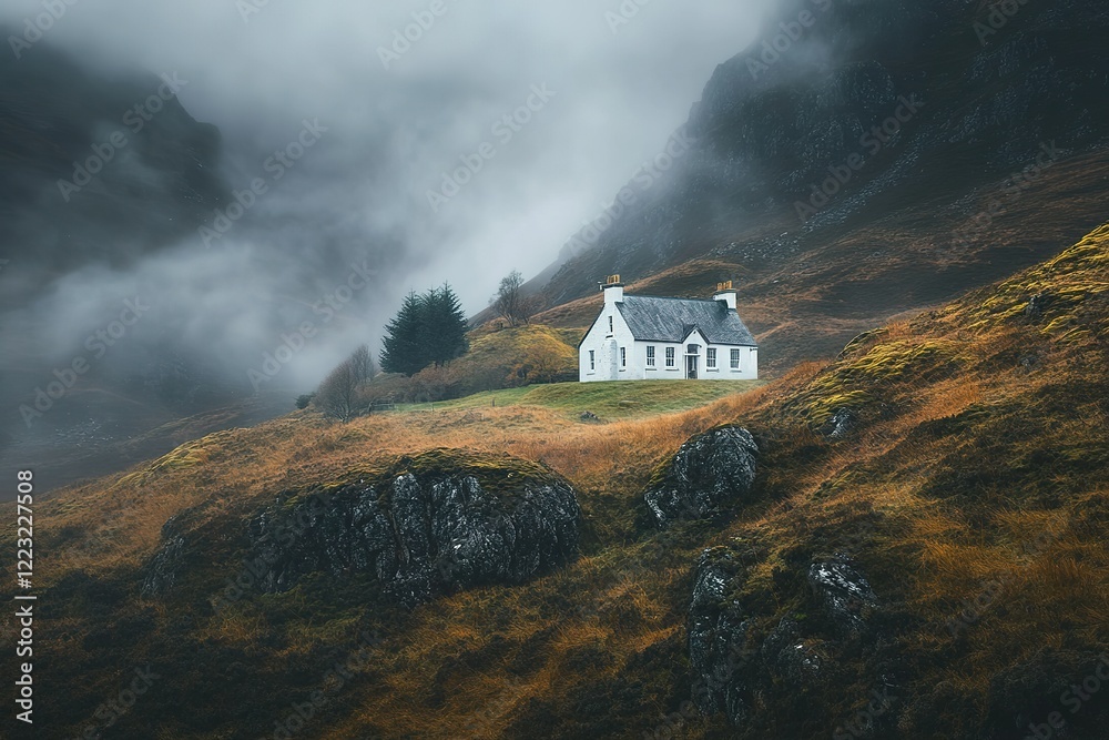 Fototapeta premium Secluded house on misty mountainside