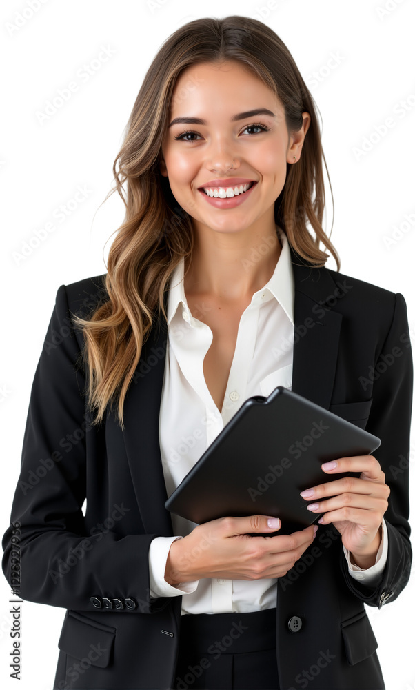 Confident Businesswoman Holding Tablet in Modern Corporate Attire on White Background Confident Businesswoman Holding Tablet in Modern Corporate Attire on White Background