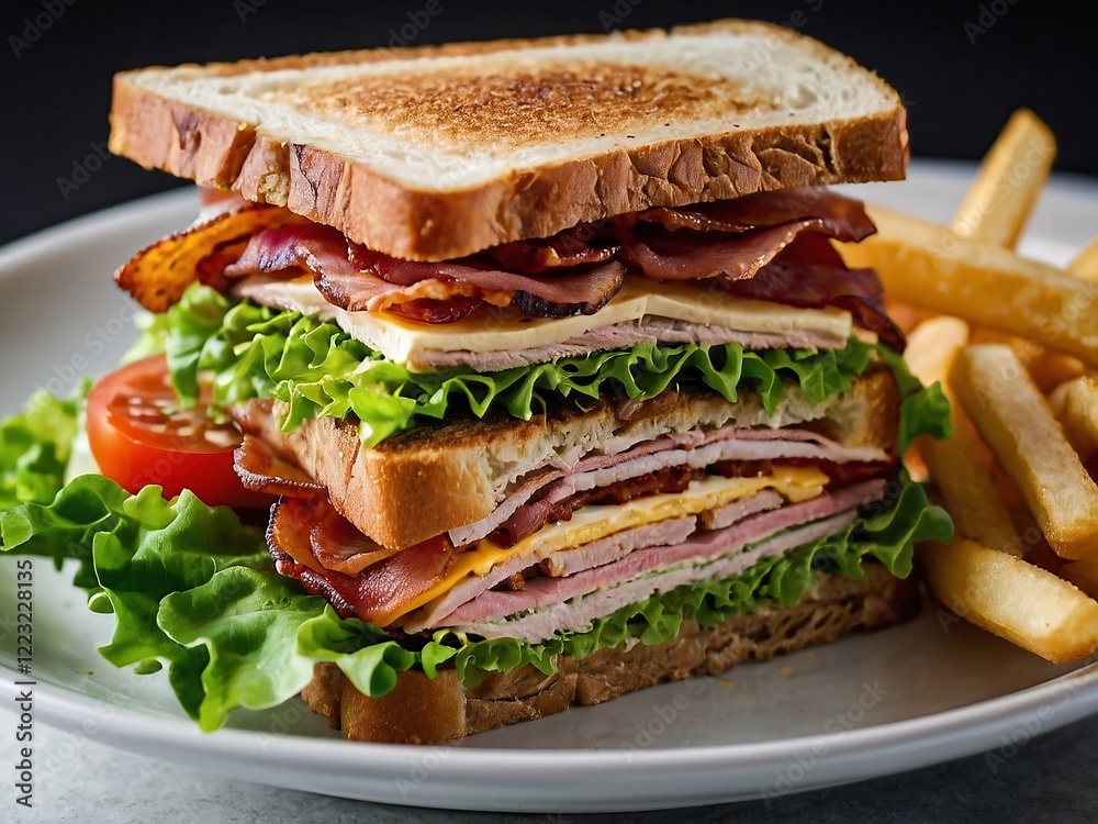 Gourmet Bacon and Turkey Sandwich Stacked with Fresh Ingredients and Savory Layers Gourmet Bacon and Turkey Sandwich Stacked with Fresh Ingredients and Savory Layers