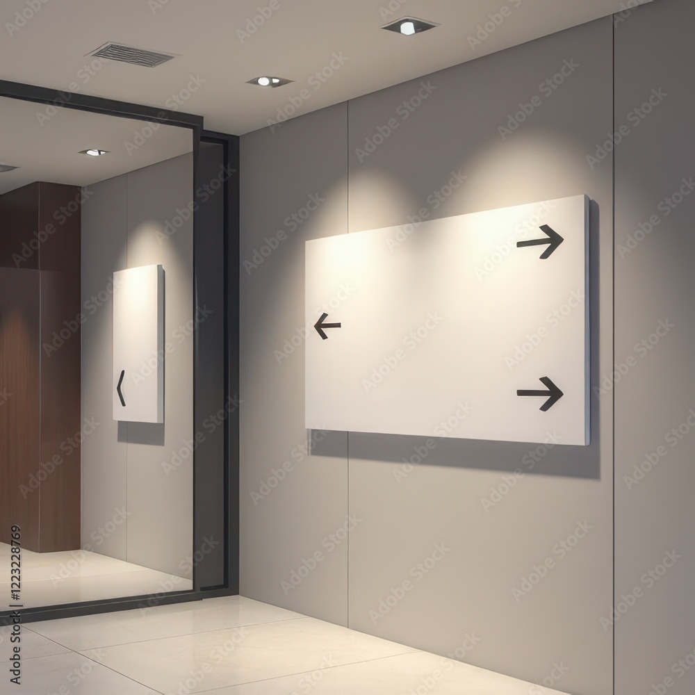Indoor wayfinding signs mockup with various directional signs placed within a clean, minimalistic interior, great for presenting navigation systems.