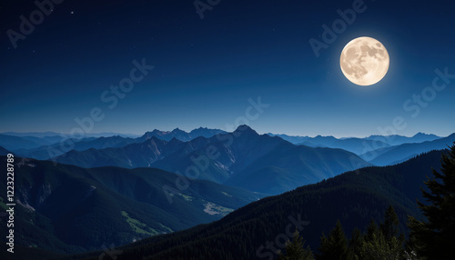 Mountains under full moonlight with clear night sky and distant peaks