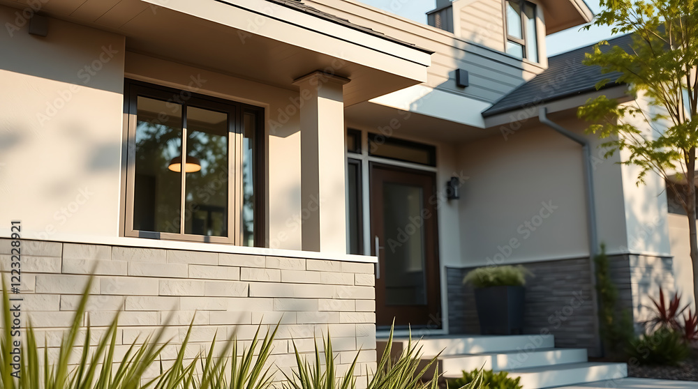 Fototapeta premium Modern House Exterior: Contemporary Architecture and Design. Luxury Home with Brick and Stone Facade. Real Estate, Residential Property