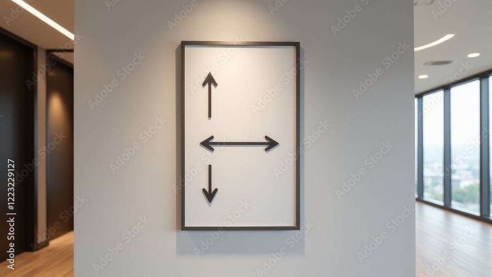 Indoor wayfinding signs mockup with various designs, showing arrows, labels, and navigation solutions for interior spaces.