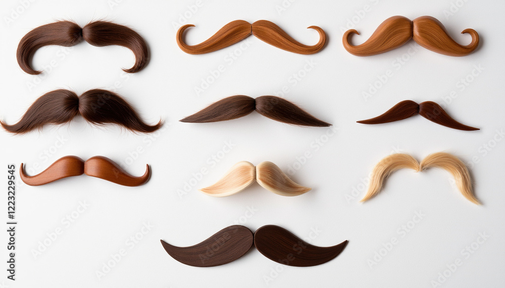 Collection of fake mustaches in various colors and styles arranged on white background Collection of fake mustaches in various colors and styles arranged on white background