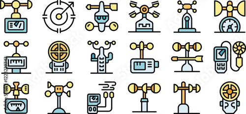 Set of colorful anemometer icons illustrating various weather measurement tools
