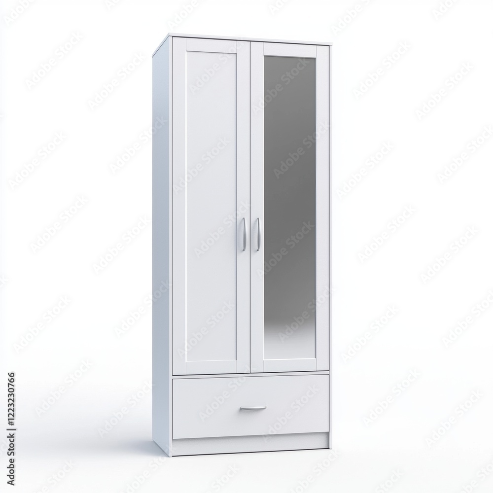 3D icon cartoon minimalist white wardrobe with a mirror, isolated on a white background 3D icon cartoon minimalist white wardrobe with a mirror, isolated on a white background