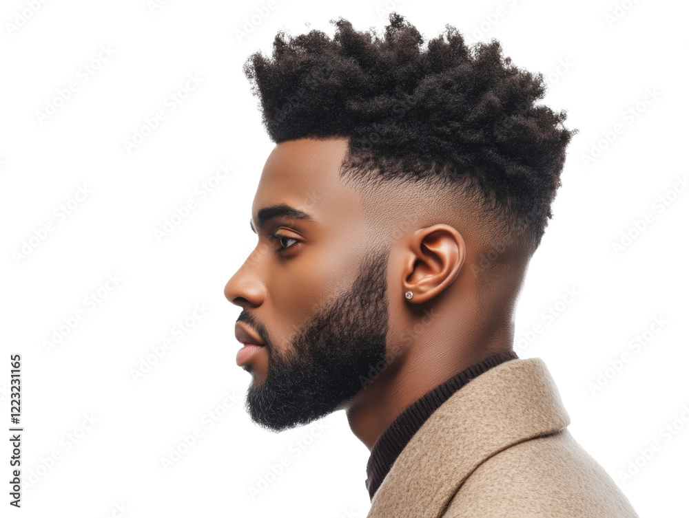Obraz premium A Stylish Young Man with Trendy Hair and a Neatly Trimmed Beard Poses Confidently in Profile Against a Crisp White Background.