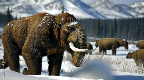 A group of woolly mammoths traversing a snowy landscape with mountains in the background.