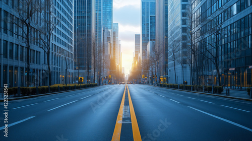 Urban Street with Skyscrapers at Sunset in a City Landscape