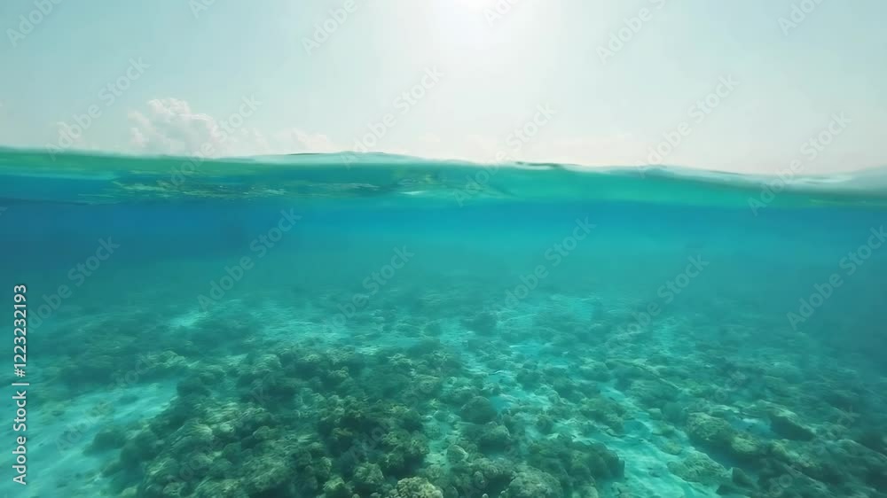 Underwater, split view and tropical ocean with clear blue water, coral reef and distant island on horizon. Serenity, marine life and travel paradise with sunlight reflections on calm sea Underwater, split view and tropical ocean with clear blue water, coral reef and distant island on horizon. Serenity, marine life and travel paradise with sunlight reflections on calm sea