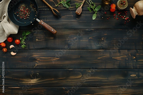 Culinary ingredients on dark wood table