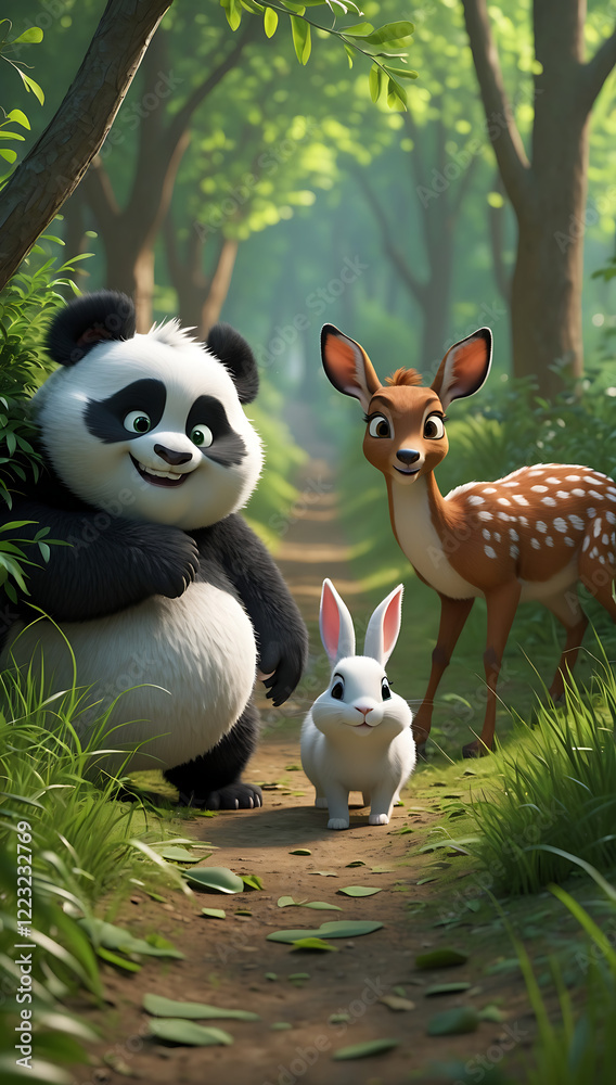 Charming Forest Friends: Panda, Deer, Rabbit, and Tortoise in Lush Greenery, AI-Generated Illustration Charming Forest Friends: Panda, Deer, Rabbit, and Tortoise in Lush Greenery, AI-Generated Illustration