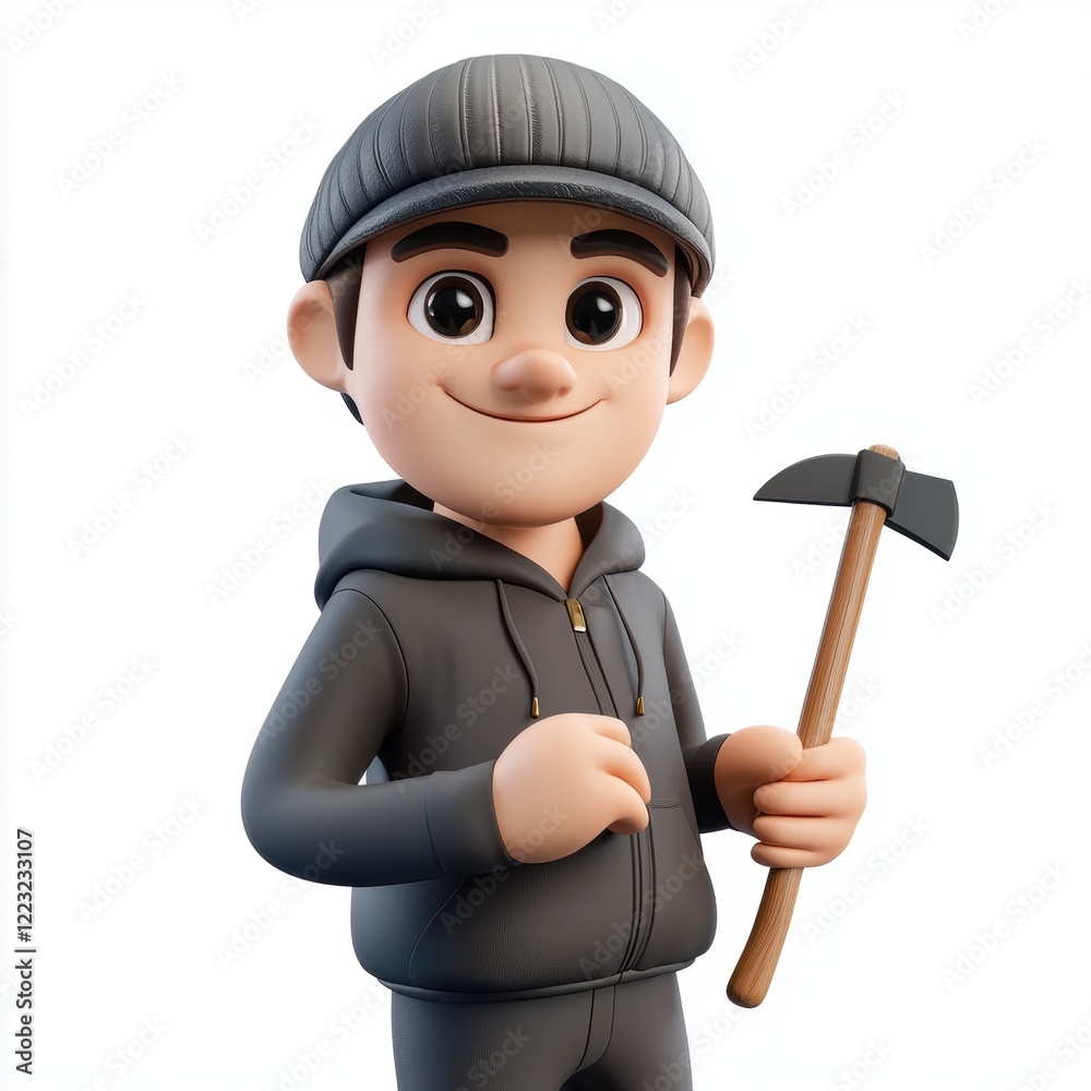 3D icon cartoon of a cartoon thief holding a crowbar, isolated on a white background 3D icon cartoon of a cartoon thief holding a crowbar, isolated on a white background