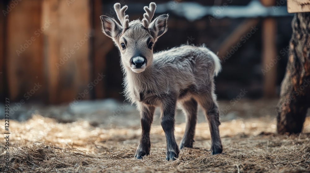 Adorable young reindeer calf standing on straw in sunlit barn interior Adorable young reindeer calf standing on straw in sunlit barn interior