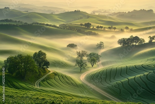 Misty morning in rolling green hills