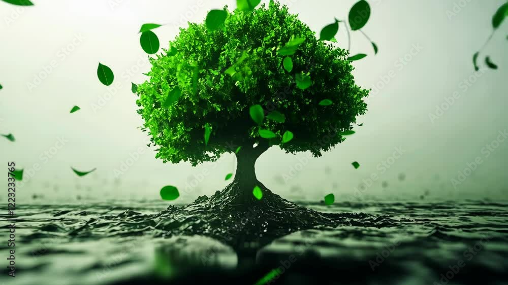 Green tree thriving in water with scattering leaves under gentle light Green tree thriving in water with scattering leaves under gentle light