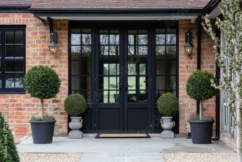 Wallpaper Mural Elegant entrance featuring symmetrical topiary and modern doors at a rustic brick home in a tranquil setting with natural light Torontodigital.ca