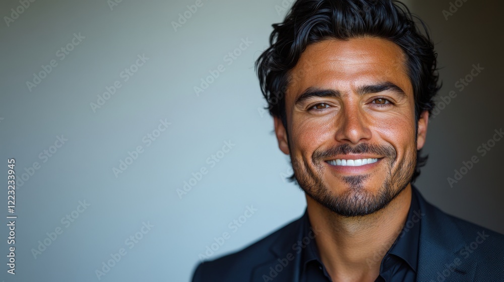 Fototapeta premium Confident businessman smiling warmly against a neutral background, exuding professionalism