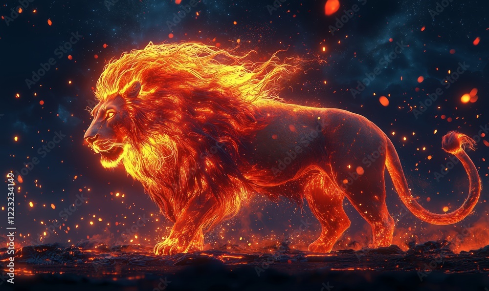 Fiery Lion with Glowing Mane in a Dramatic Night Scene Fiery Lion with Glowing Mane in a Dramatic Night Scene