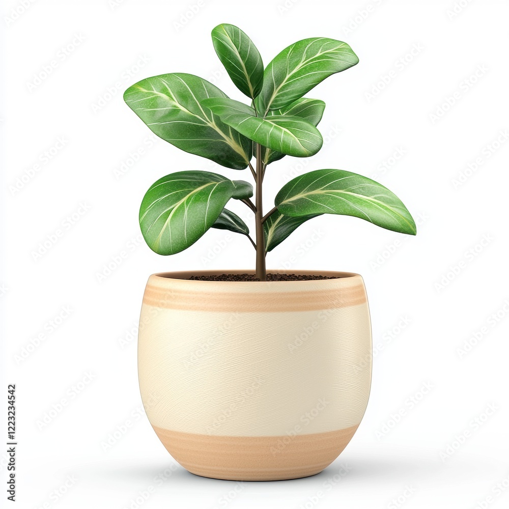 3D icon cartoon of a decorative ceramic pot with a leafy plant, isolated on a white background 3D icon cartoon of a decorative ceramic pot with a leafy plant, isolated on a white background