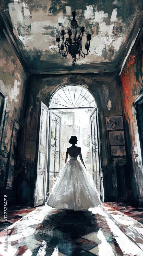 An award-winning, hyper-realistic photo of a bride walking through a glowing light gate. The silhouette is sharp and dramatic, rich in artistic detail and abstract composition. An award-winning, hyper-realistic photo of a bride walking through a glowing light gate. The silhouette is sharp and dramatic, rich in artistic detail and abstract composition.