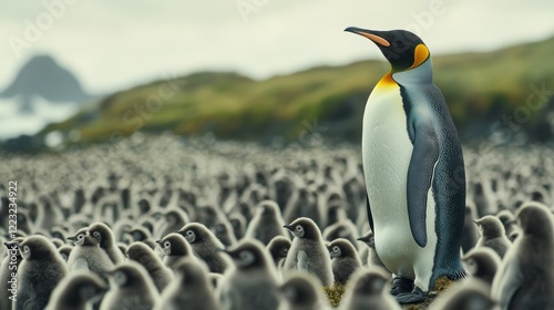 King penguin with chick flock in natural habitat
