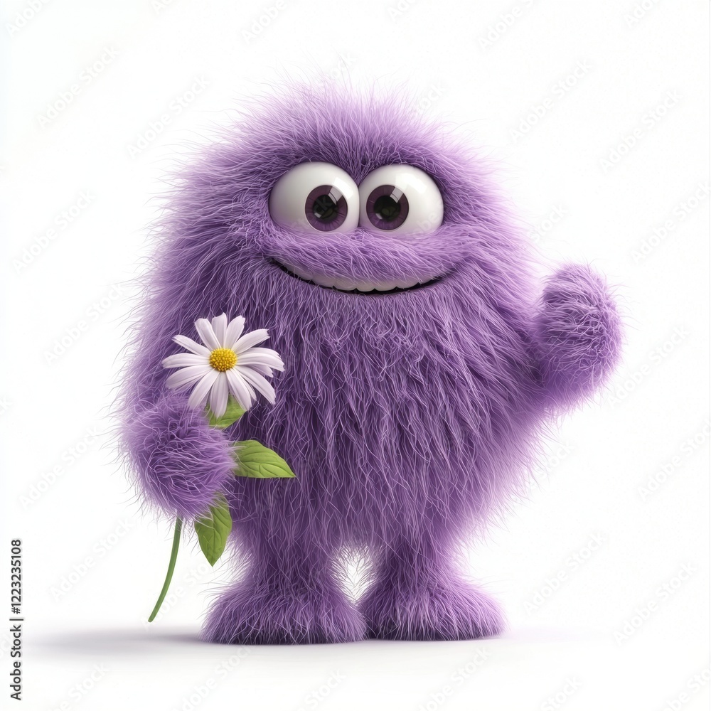 Fototapeta premium 3D icon cartoon of a fluffy purple monster holding a flower, isolated on a white background