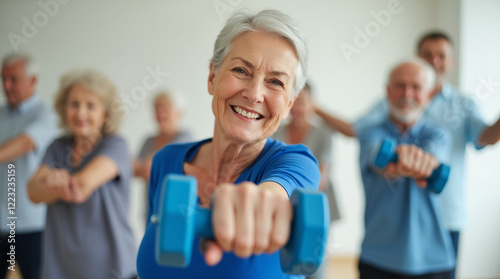 Lady exercising with dumbbells in gym photo